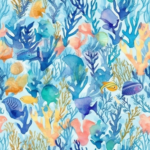 Un dipinto di un gruppo di pesci che nuotano in un oceano blu generativo ai