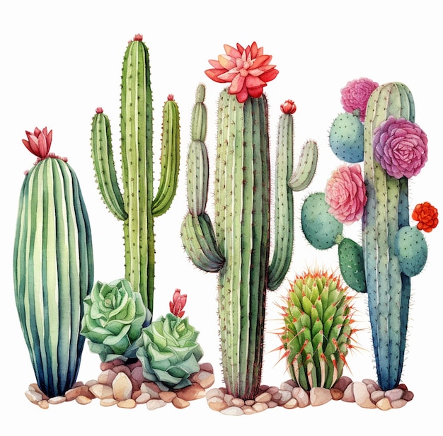 un dipinto di un gruppo di piante di cactus con fiori su di loro