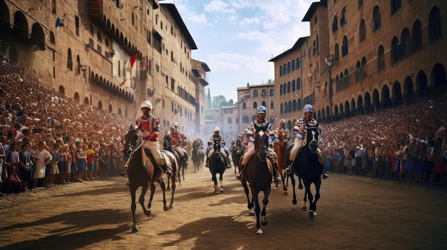 un dipinto di un gruppo di uomini a cavallo in una strada.