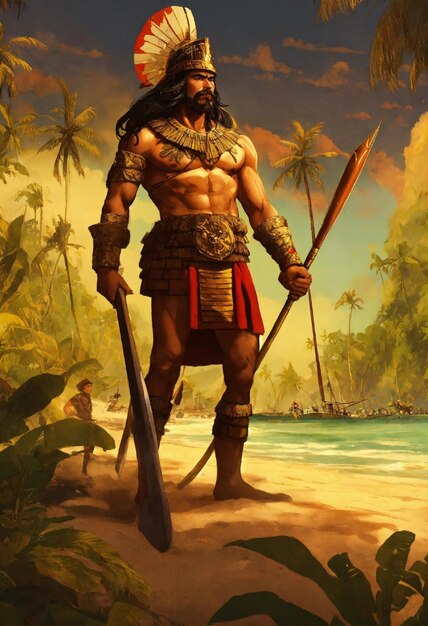 un dipinto di un guerriero con una spada e un uomo in una giungla