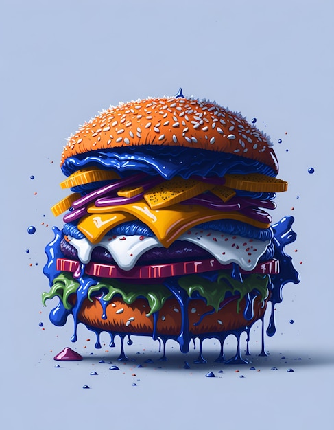 Un dipinto di un hamburger con molta vernice sopra.