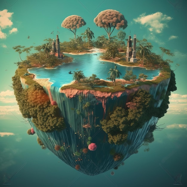 Un dipinto di un'isola con una foresta e una torre dell'acqua.