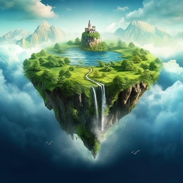 Un dipinto di un'isola galleggiante con una cascata e un castello sopra.