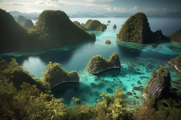 Un dipinto di un'isola tropicale con un oceano blu e isole verdi sullo sfondo