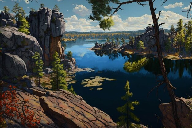 Un dipinto di un lago con alberi e rocce in primo piano.