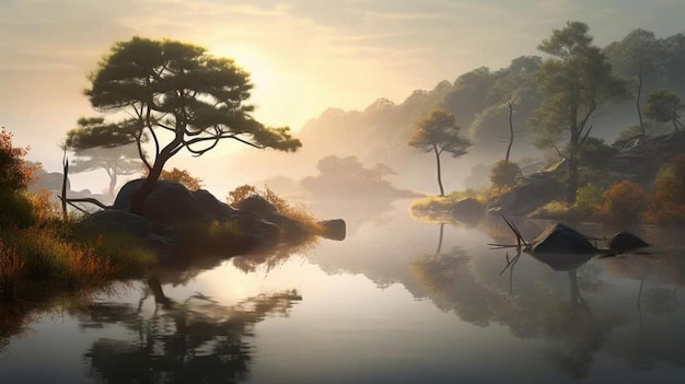 Un dipinto di un lago con alberi e un tramonto sullo sfondo.