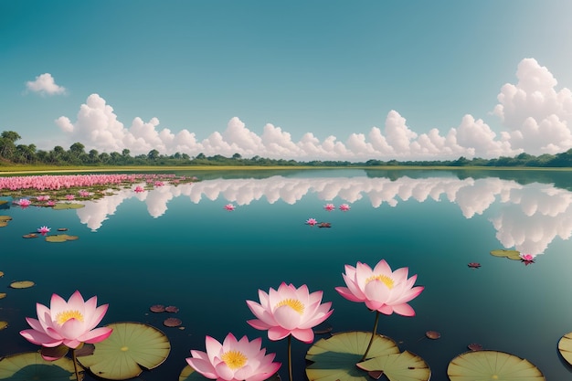 Un dipinto di un lago con fiori di loto e nuvole