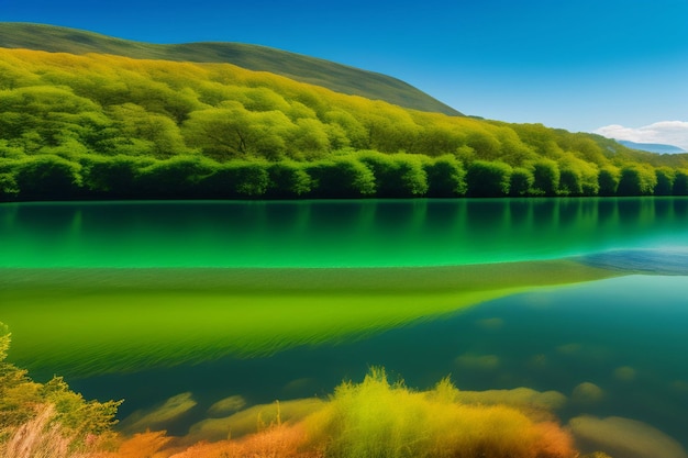 Un dipinto di un lago con i colori verde e blu e il cielo è blu e verde.