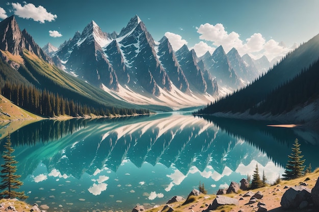 Un dipinto di un lago con le montagne sullo sfondo