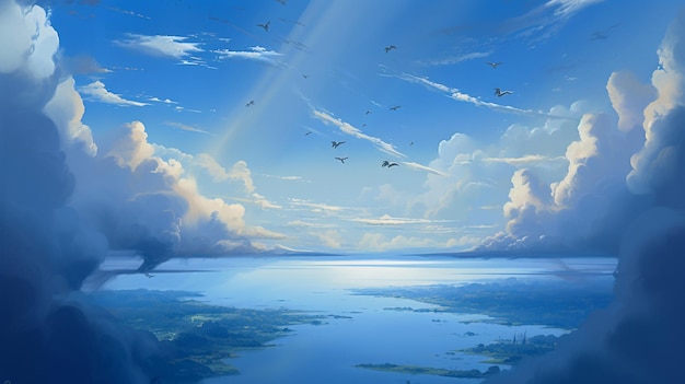 Un dipinto di un lago con un cielo azzurro e il sole che splende tra le nuvole.