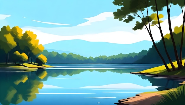 un dipinto di un lago con un lago e alberi sullo sfondo