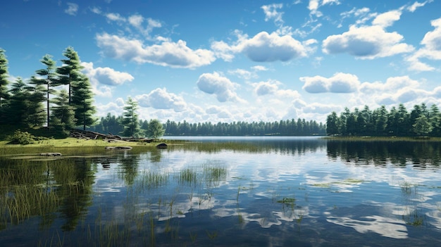 un dipinto di un lago con un lago e nuvole nel cielo