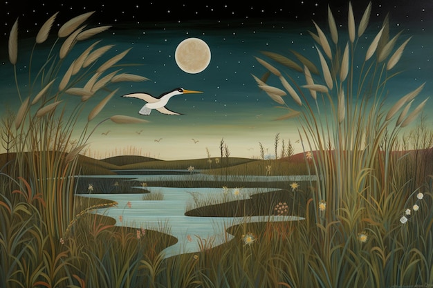 Un dipinto di un lago con un uccello che lo sorvola.