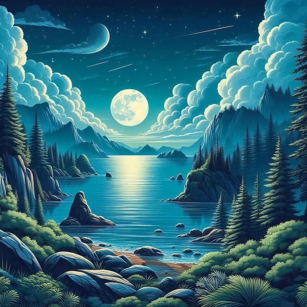 un dipinto di un lago con una luna piena sullo sfondo