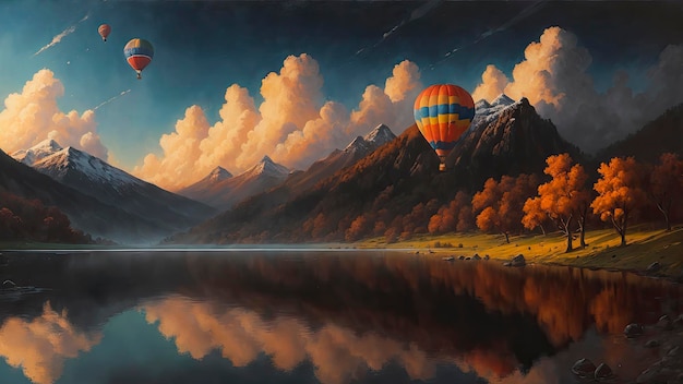 Un dipinto di un lago con una mongolfiera che galleggia sopra di esso.
