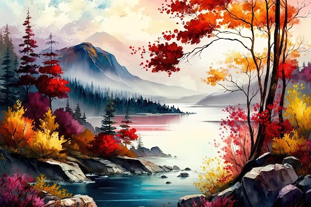 Un dipinto di un lago con una montagna sullo sfondo.