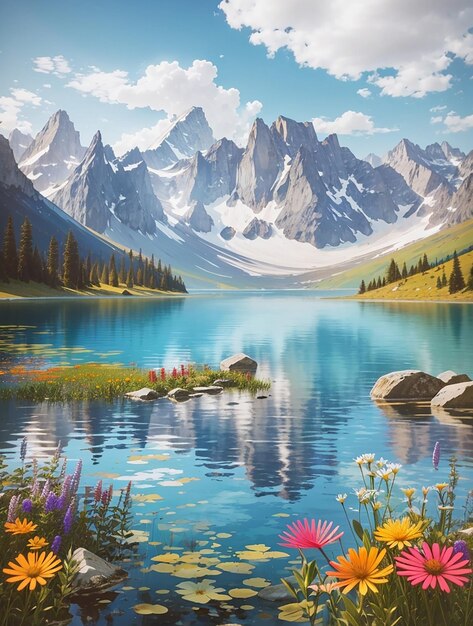 Un dipinto di un lago con una montagna sullo sfondo
