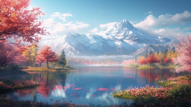 Un dipinto di un lago di montagna con fiori rosa e montagne innevate ai