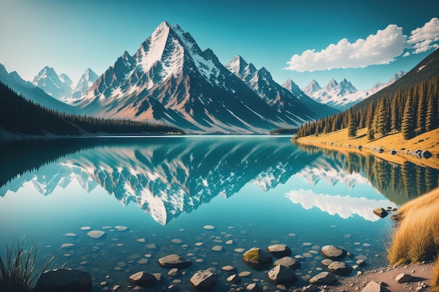 Un dipinto di un lago di montagna con le montagne sullo sfondo.