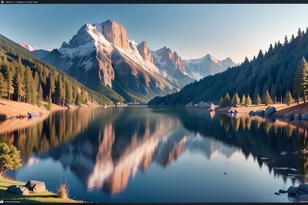 Un dipinto di un lago di montagna con montagne innevate sullo sfondo.