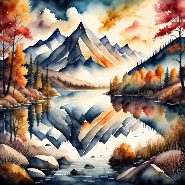 Un dipinto di un lago di montagna con un riflesso di alberi e montagne sullo sfondo.