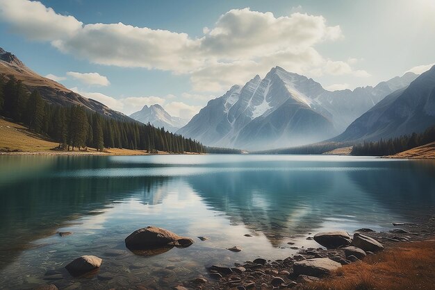 Un dipinto di un lago di montagna con una montagna sullo sfondo