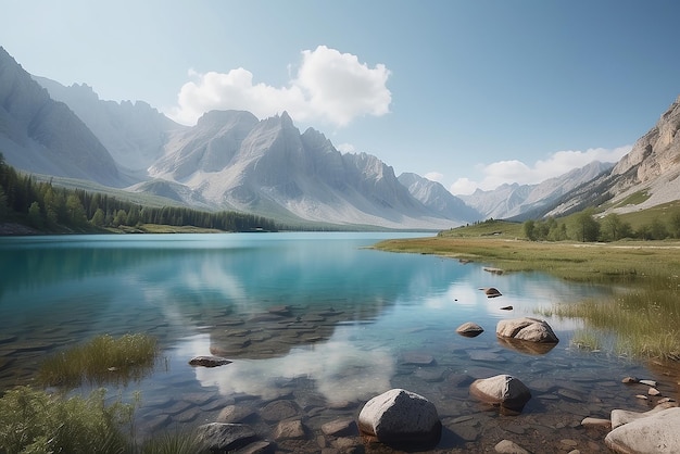 Un dipinto di un lago di montagna con una montagna sullo sfondo