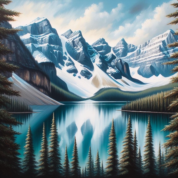 Un dipinto di un lago di montagna con una montagna sullo sfondo