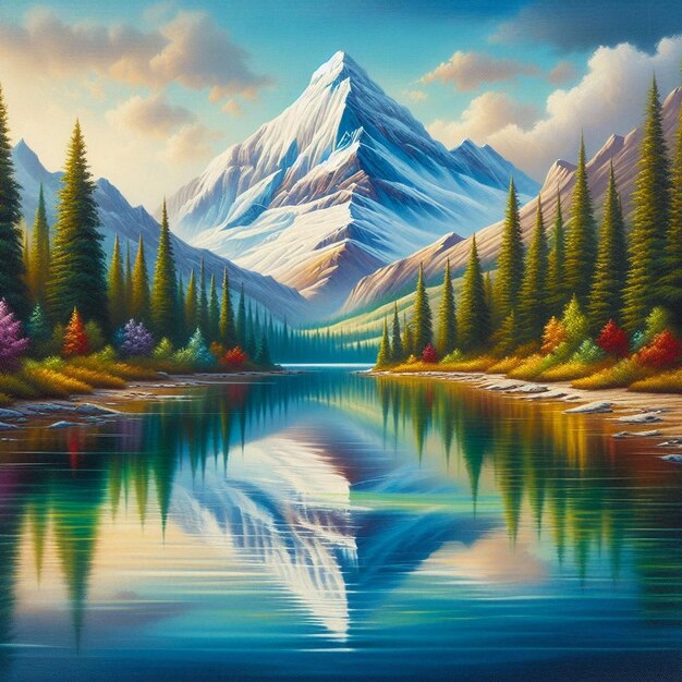 Un dipinto di un lago di montagna con una montagna sullo sfondo