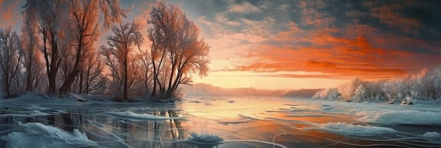 Un dipinto di un lago ghiacciato con un tramonto sullo sfondo