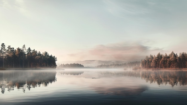 un dipinto di un lago nella foresta con uno sfondo nebbioso.