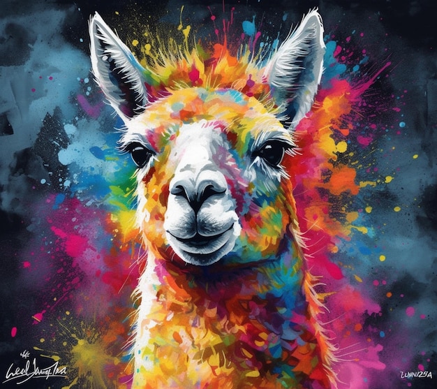 Un dipinto di un lama con sopra il nome "alpaca".