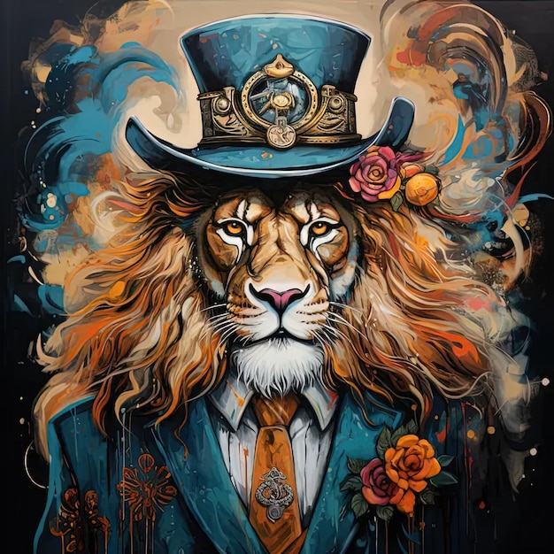 Un dipinto di un leone che indossa un cappello