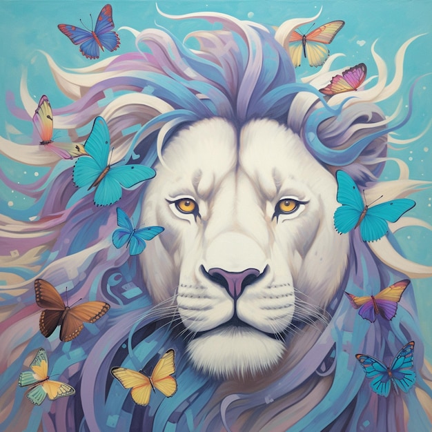 Un dipinto di un leone con una criniera blu e viola e farfalle su di esso.