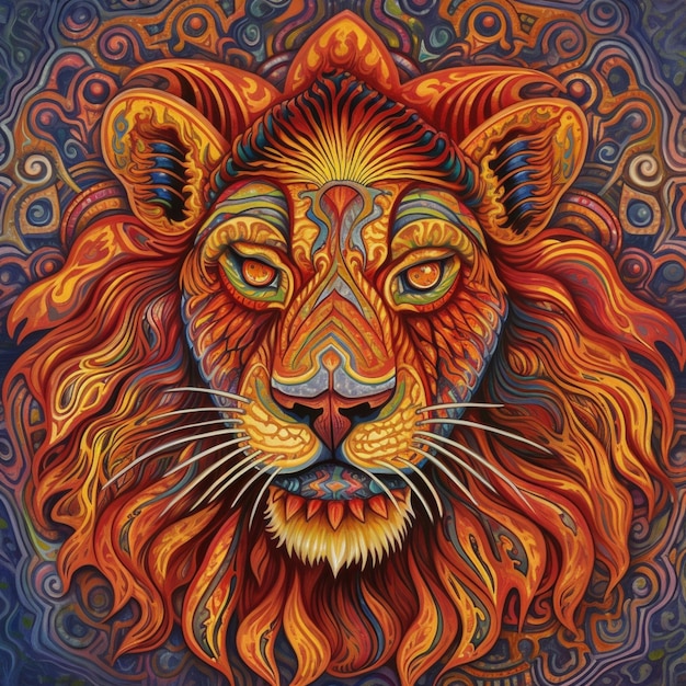 Un dipinto di un leone con una criniera colorata su uno sfondo blu ai generativo