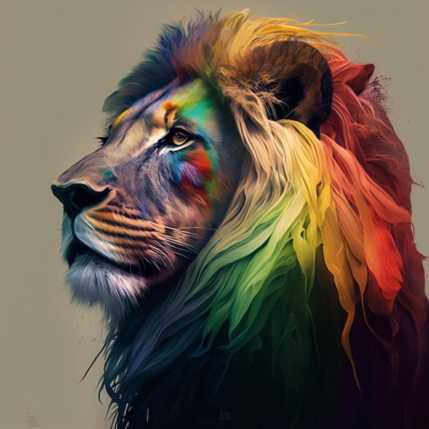 Un dipinto di un leone con una criniera dipinta nei colori dell'arcobaleno.