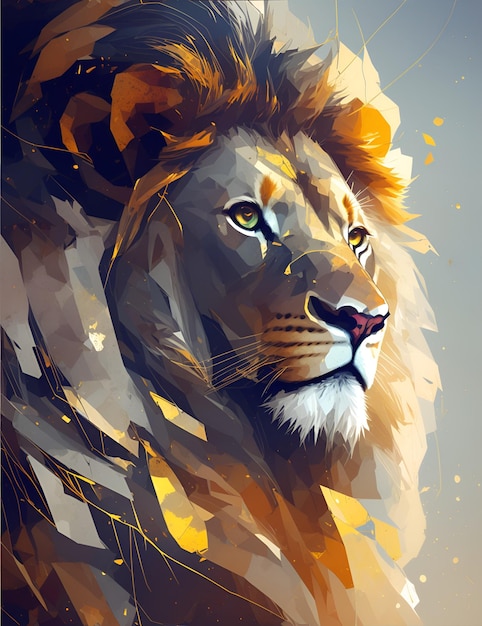 Un dipinto di un leone con una criniera gialla e occhi azzurri.