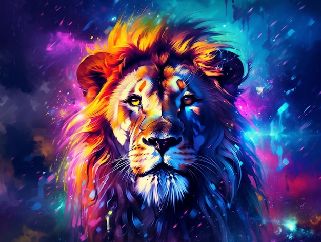 Un dipinto di un leone con una criniera luminosa e una criniera arcobaleno.