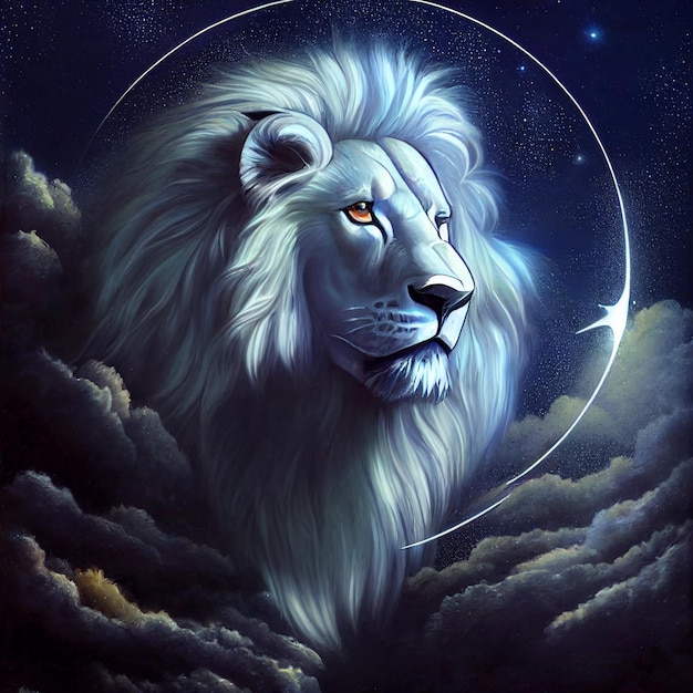 Un dipinto di un leone con una luna sullo sfondo.