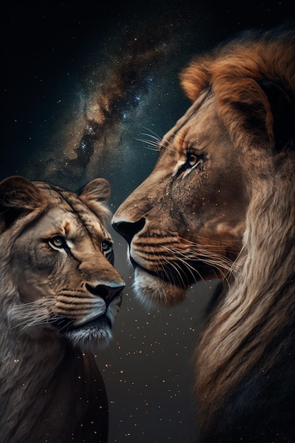Un dipinto di un leone e una leonessa