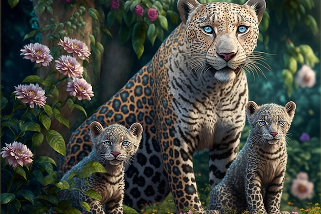 Un dipinto di un leopardo e dei suoi cuccioli