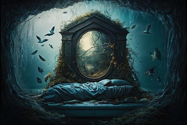 Un dipinto di un letto con sopra uno specchio