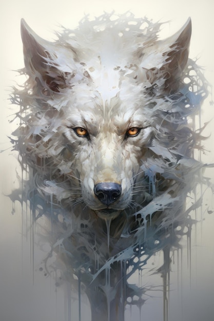 Un dipinto di un lupo con molta vernice sopra