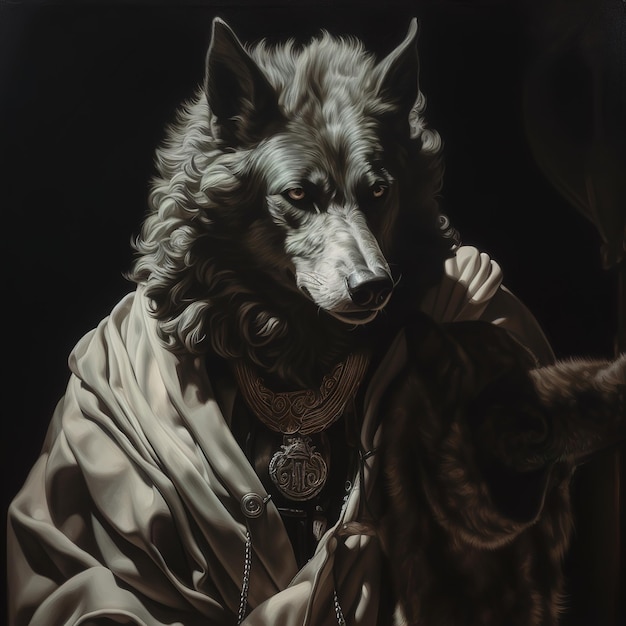 Un dipinto di un lupo con una veste bianca e uno sfondo scuro