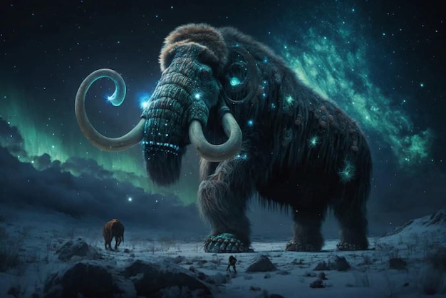 Un dipinto di un mammut con un cielo stellato sullo sfondo.