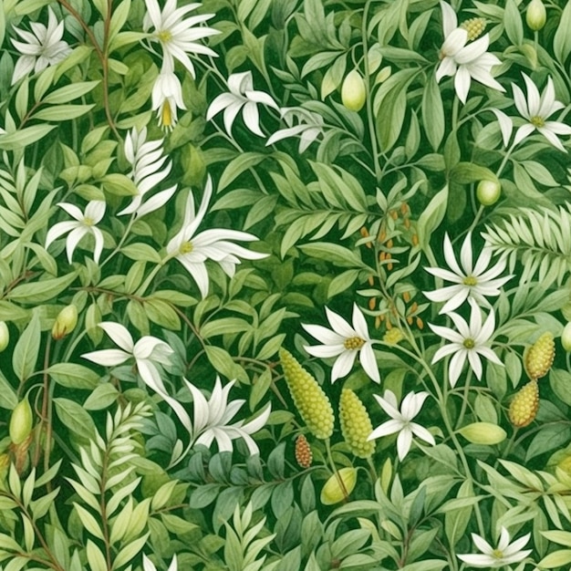 Un dipinto di un mazzo di fiori bianchi e foglie verdi generativo ai