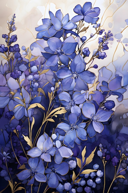 un dipinto di un mazzo di fiori blu Pittura a guazzo Indaco Timo Perfetto per l'arte della parete