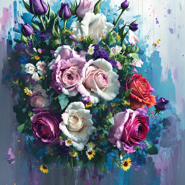 Un dipinto di un mazzo di fiori con rose viola, rosa e bianche.