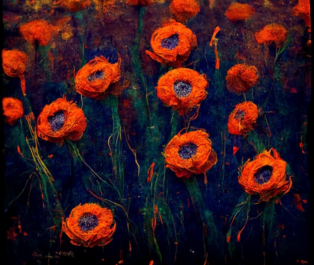 Un dipinto di un mazzo di fiori d'arancio con la parola " papavero " sul fondo.