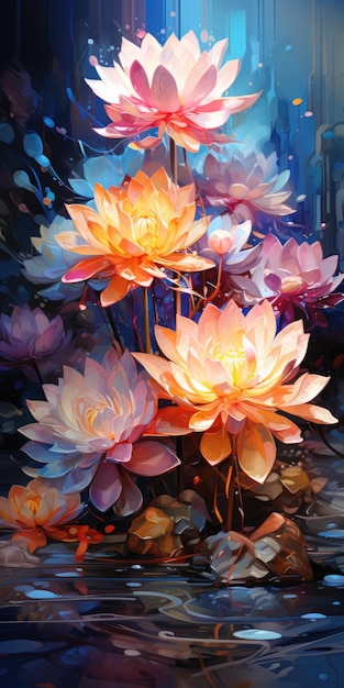 Un dipinto di un mazzo di fiori in uno stagno